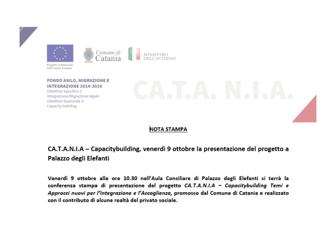 CA.T.A.N.I.A – Capacitybuilding, venerdì 9 ottobre la presentazione del progetto a Palazzo degli Elefanti